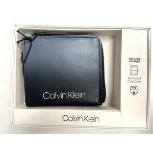 Calvin Klein Men RFID Zip Card Wallet Gusset C Black Gray Leather MSRP $50